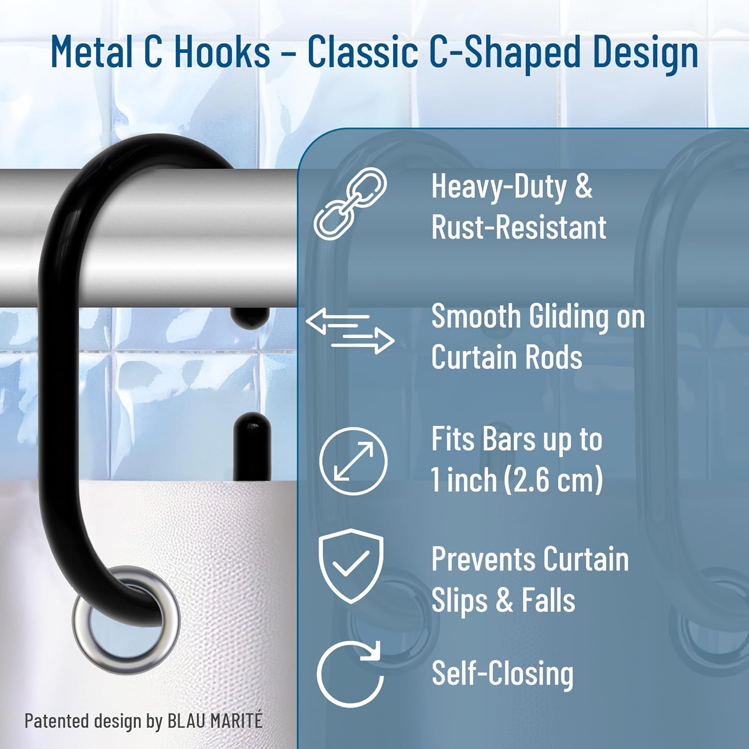 12 Metal Shower Curtain Hooks, Rust-Proof Decorative C-Shaped Curtain Hooks for Bathroom, Black Shower Curtain Rings, Fits Rods Up to 1 Inch (C, Black)