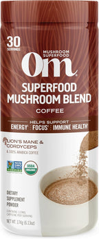 OM MUSHROOM SUPERFOOD Coffee Blend Mushroom Powder, 6.24 Ounce Canister, 30 Servings, Organic Arabica Beans, Lion's Mane, Cordyceps, Turkey Tail, Ginkgo Biloba, Supports Energy and Focus