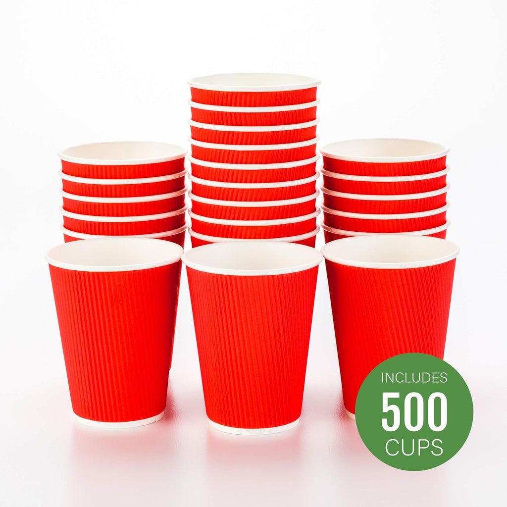Restaurantware 12 Ounce Ripple Wall Disposable Coffee Cups, 500 Insulated Midnight Red Paper Tumblers with Rolled Rim Design, Lids Sold Separately for Hot Drinks like Tea, Hot Chocolate and More