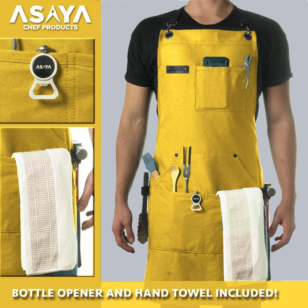 Asaya Chef and BBQ Apron with Bottle Opener and Hand Towel - 10oz Cotton Canvas, Stainless Steel Hardware - Cross Back Straps
