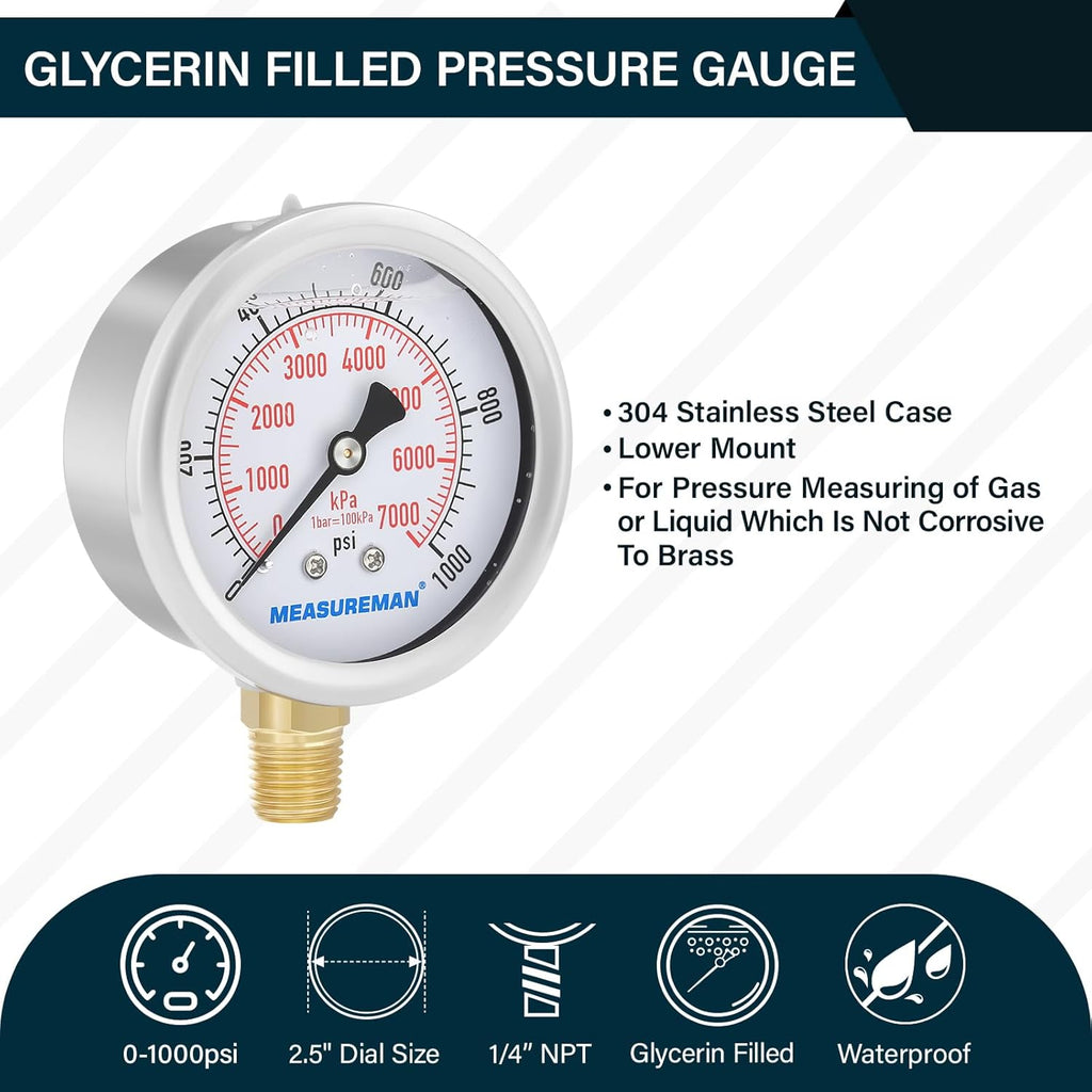 MEASUREMAN 2-1/2inch Dial Size, Liquid Filled Pressure Gauge, 0-1000psi/7000kpa, 304 Stainless Steel Case, 1/4inchNPT Lower Mount
