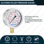 MEASUREMAN 2-1/2inch Dial Size, Liquid Filled Pressure Gauge, 0-1000psi/7000kpa, 304 Stainless Steel Case, 1/4inchNPT Lower Mount