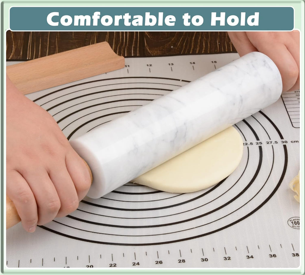 Marble Rolling Pin with Wooden Cradle Thick Handle Set for Baking,18.5 inch Premium Quality Polished Roller for Pizza Dough,Fondant,Pie Crust,Non-Stick Surface Easy to Clean(White)