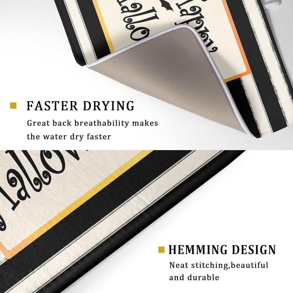 Happy Halloween Bats Dish Drying Mat for Kitchen Counter,Black and White Stripe Drying Mat 18 x 24 Inch with High Absorbent Microfiber Dish Drying Pad Dish Rack Pad Drainer Mat for Coffee Bar