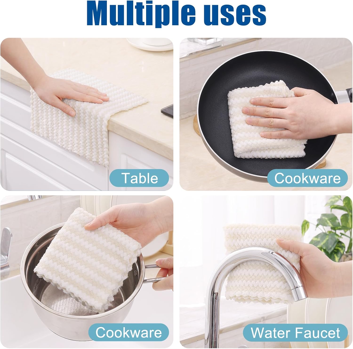 Homaxy 12 Pack Kitchen Dish Cloths, Ultra Soft and Absorbent Dish Towels, Reusable Fast Drying Microfiber Cleaning Cloth, Coral Velvet Wave Design No-lint, 10 x 10 inches, Beige