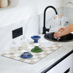 Checkered Dish Drying Mat for Kitchen Counter, Coffee Bar Station Accessories, Retro Cute Aesthetic Modern Absorbent Drainer Mat Kitchen Drying Mat Easy Clean, Beige 12" x 19"