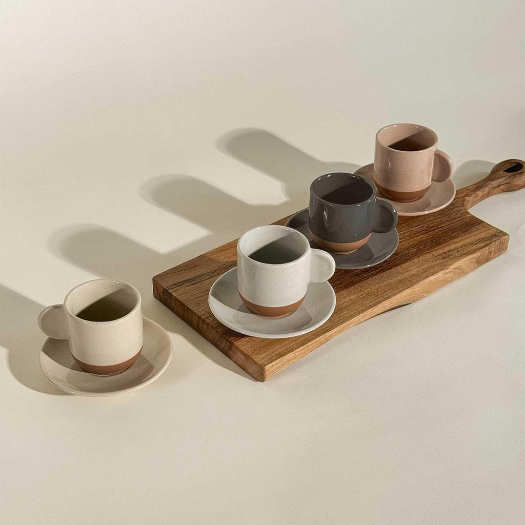 Mora Ceramic Mini Espresso Cups Set of 4, 3oz - Tiny Italian Inspired Mugs With Saucers For Small Shots of Coffee - Modern Boho Style For Any Kitchen or Cafe. Microwave Safe Porcelain - Asstd Neutrals