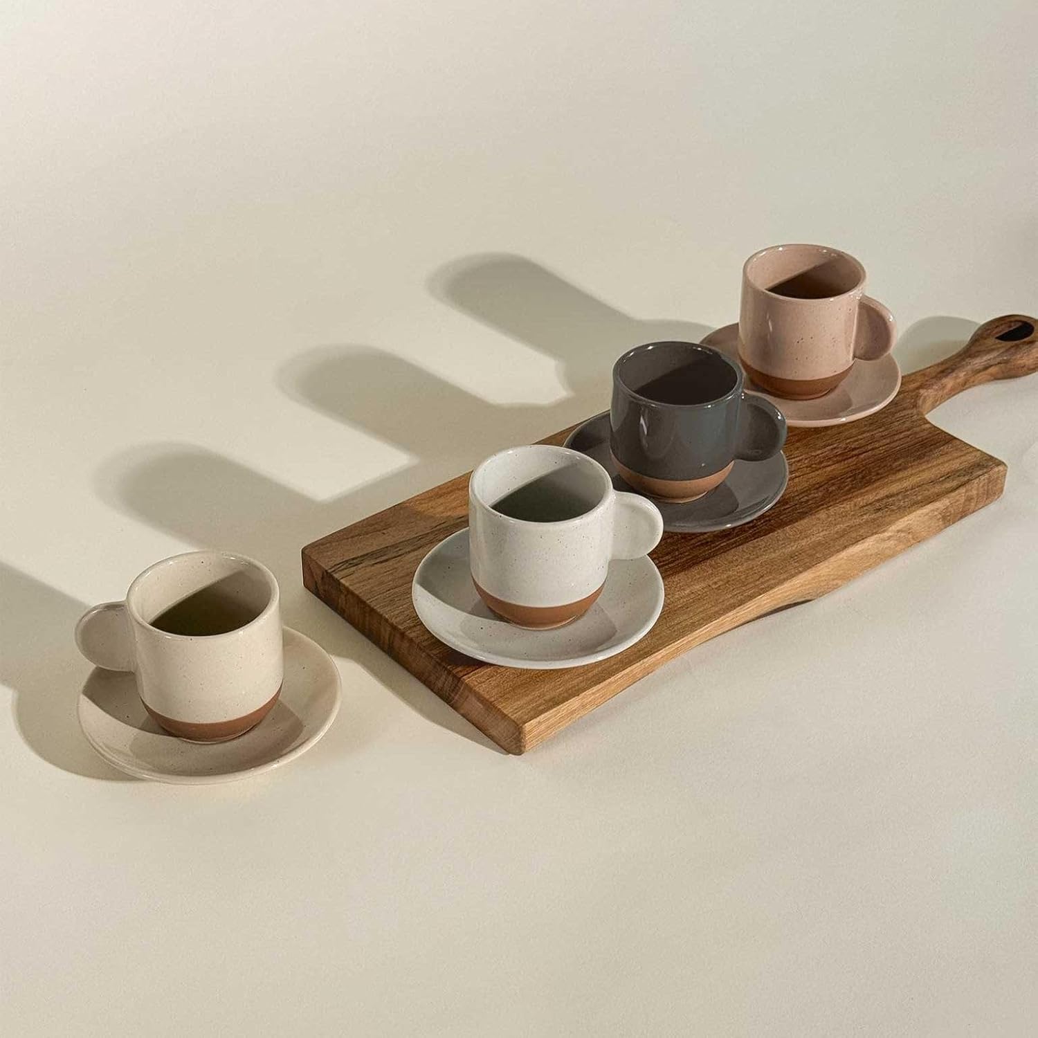 Mora Ceramic Mini Espresso Cups Set of 4, 3oz - Tiny Italian Inspired Mugs With Saucers For Small Shots of Coffee - Modern Boho Style For Any Kitchen or Cafe. Microwave Safe Porcelain - Asstd Neutrals