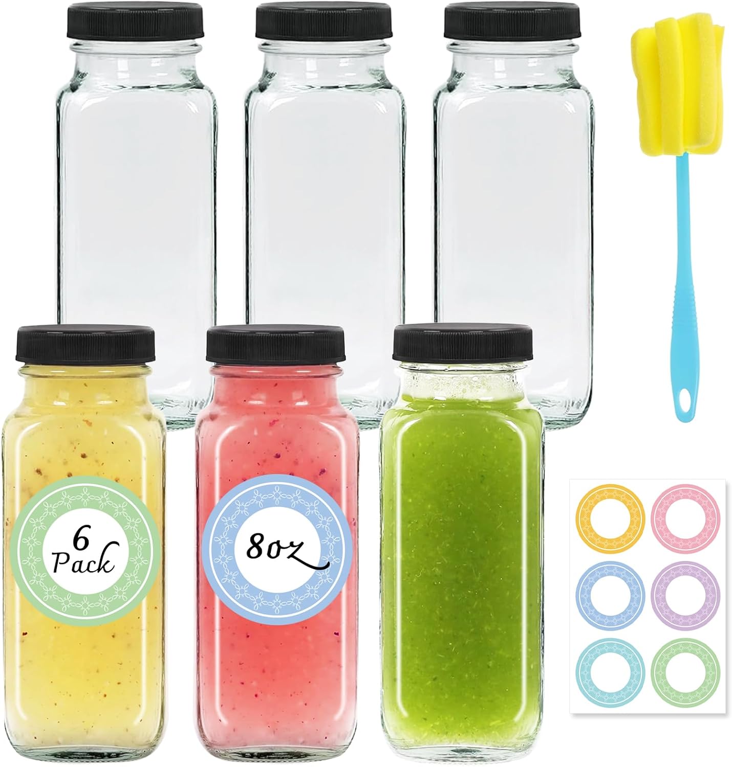 6 pack 8 oz Glass Juice Bottles with Lids, 250 ml Reusable Glass Water Bottles, Empty Drink Containers Drinking Jars with Brush, for Milk, Juicing, Kombucha, Ginger