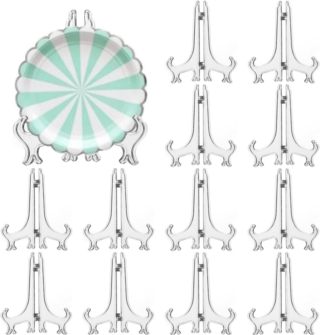 12 Pack 5 Inch Clear Plastic Easels or Stand/Plate Holders to Display Pictures or Other Items at Weddings, Plate Stands for Home Decoration, Birthdays, Tables