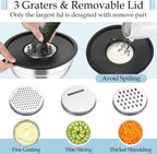 TeamFar Mixing Bowls, Stainless Steel Nesting Salad Bowls with Lids Set of 3 & 3 Grater Attachments, For Mixing/Serving/Storing, Non-toxic & Long-lasting, Size 4.6/3 / 1.5 QT, Black