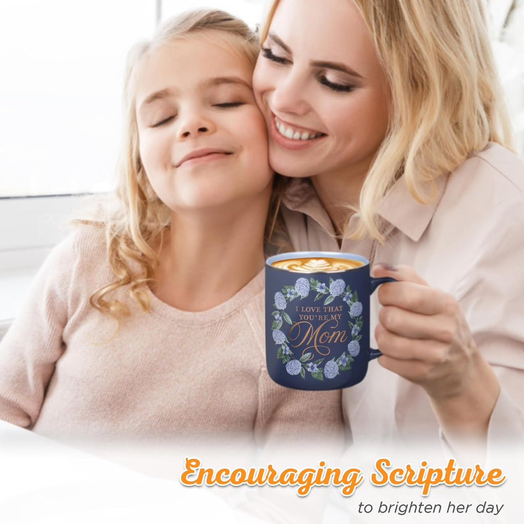 Christian Art Gifts Large Ceramic Inspirational Coffee & Tea Scripture Mug for Mothers: I Love that You're My Mom, Proverb Bible Verse, Cute Novelty Golden Beverage Cup, Purple & Blue Floral, 14 oz.