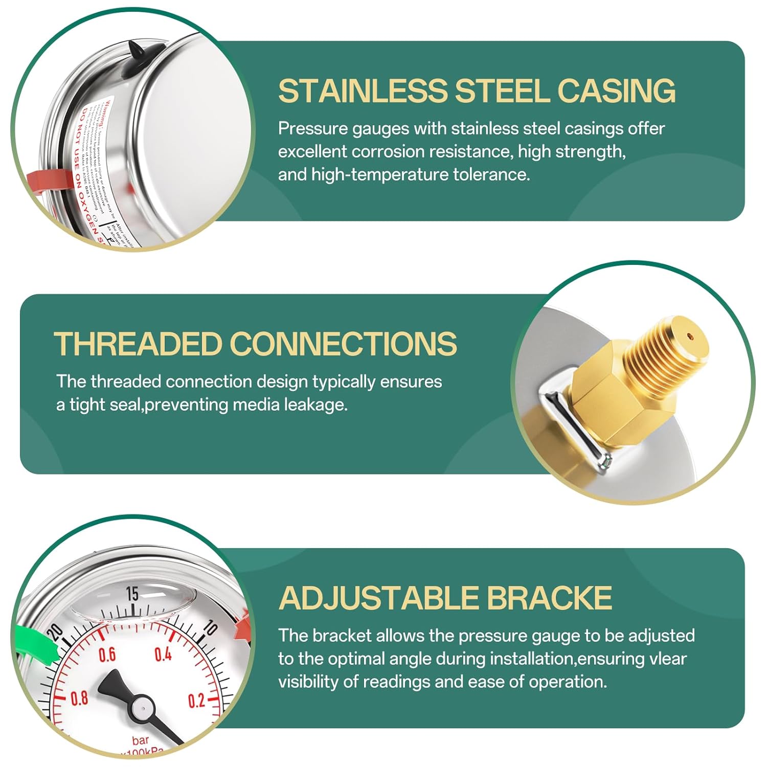 -30inHG-0PSI Stainless Steel Liquid Filled Pressure Gauge, 2.5" Dial Size, 1/8" NPT Back Mount, for Tube, Water Pump, Gas, Liquid, Pressure Test (with Range Mark Pointer)