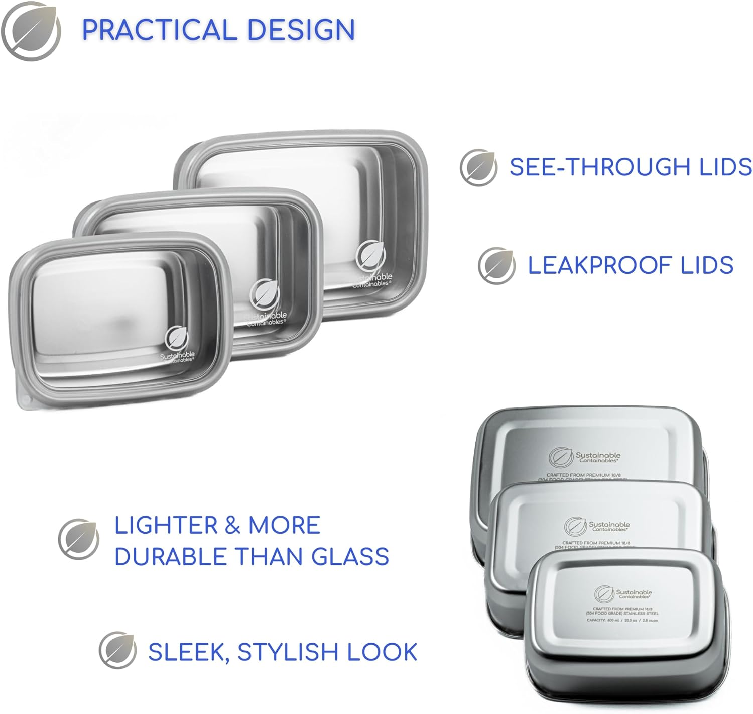 Stainless Steel Food Storage Containers with Clear Platinum Silicone Lids, Airtight, Leakproof 18/8 (304) Food Grade SS Nested 3Pk 20/30/40 oz Plastic-Free