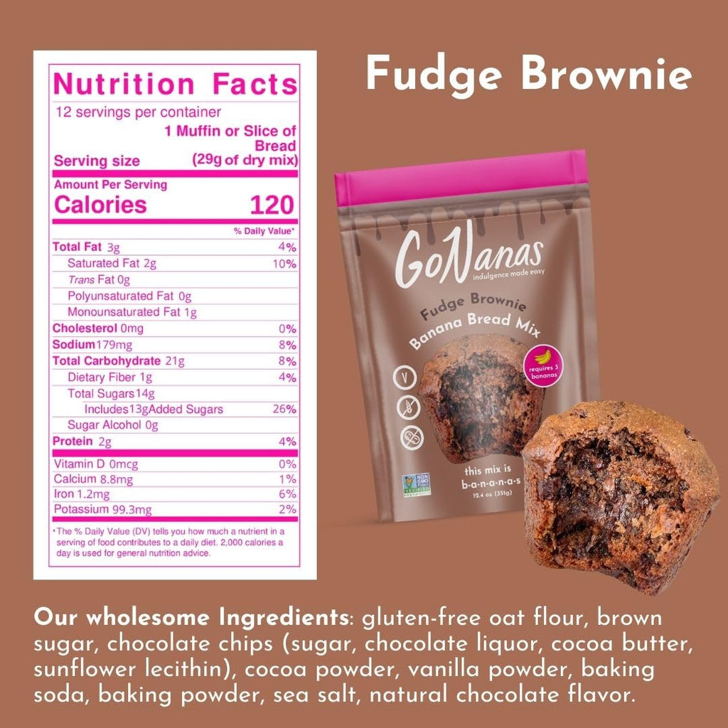 GoNanas Fudge Brownie Oat Flour Banana Bread Mix, Suitable for Plant Based Vegan Diets, Gluten Free Dairy Free Snacks, Healthy Snacks For Adults, Muffin Mix, Nut Free, Cupcakes Dessert, NON-GMO, 3pk