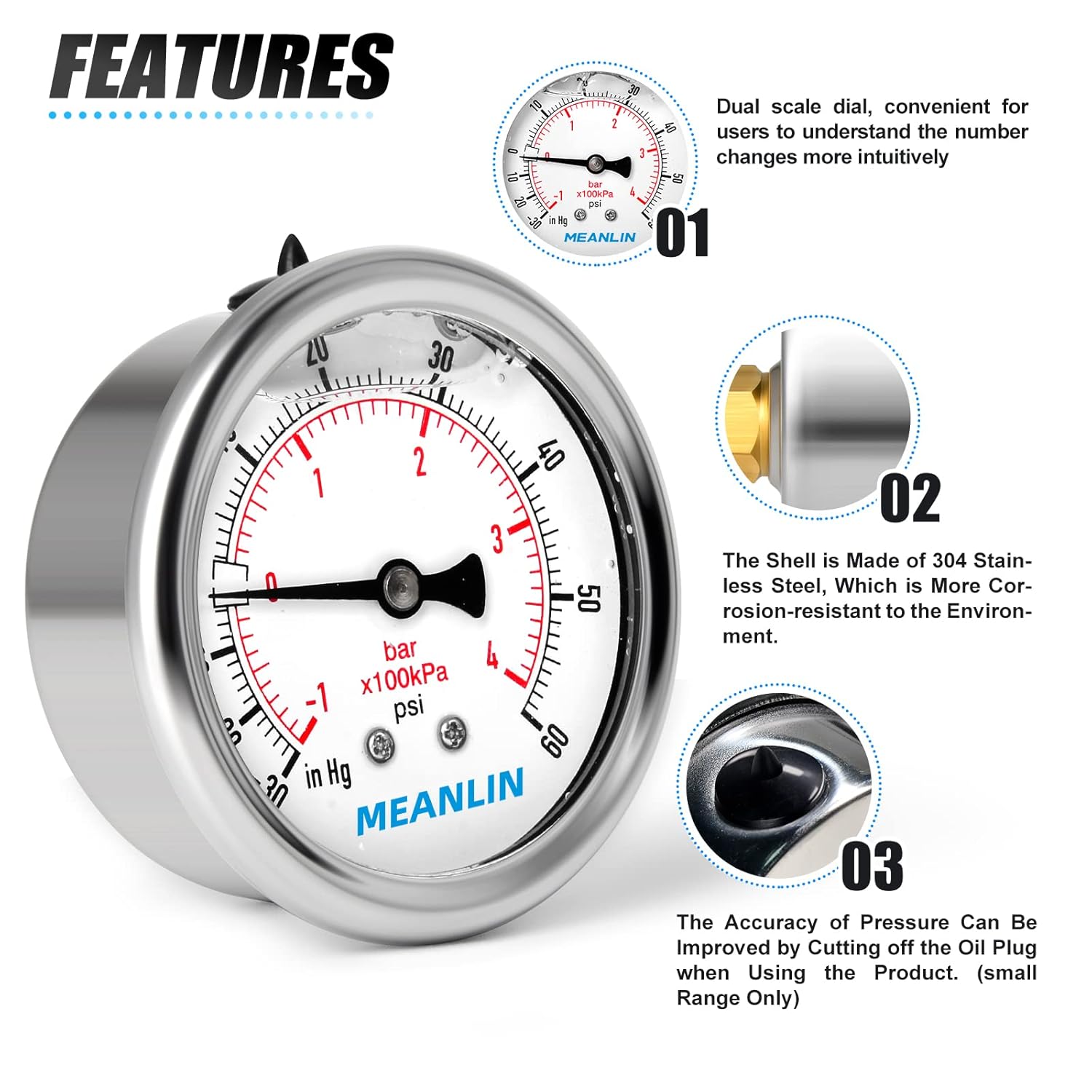 MEANLIN MEASURE -30inHG~60Psi Stainless Steel 1/8" NPT 2.5" FACE DIAL Vacuum Pressure Gauge, Center Back Mount, with 1/4" NPT and 3/8" NPT Hex Bushing