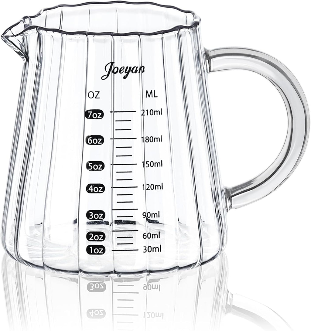 Joeyan 7 oz Glass Measuring Cups with Spout,Borosilicate Large Glass Triple Pitcher with Scale,Origami Style Espresso Shot Glasses with Wood Handle for Coffee Milk