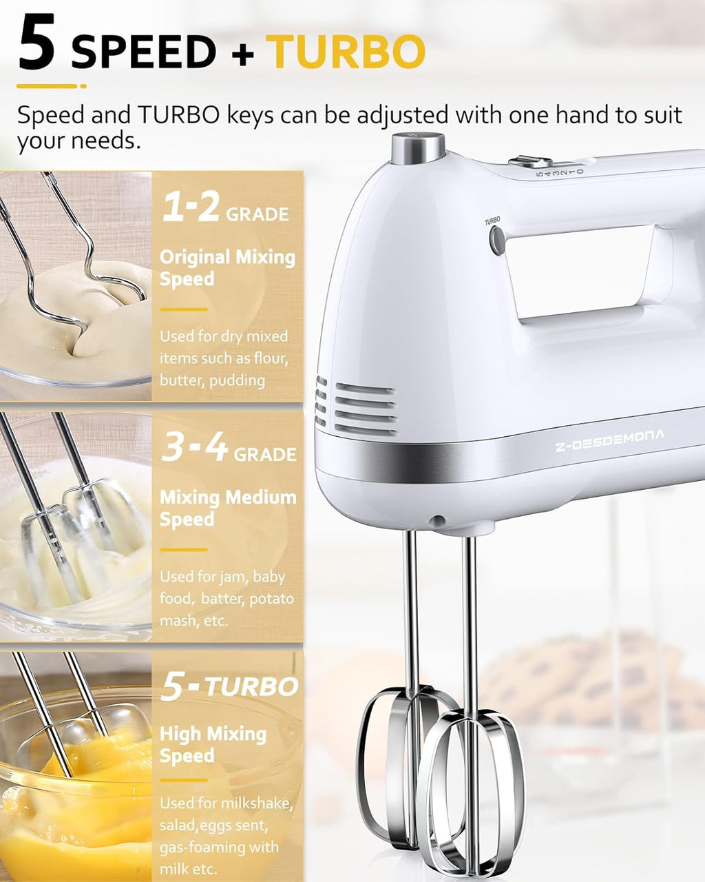 Electric Hand Mixer, Powerful 300W Hand Mixer Electric Handheld with 304 Beaters, Dough Hook,Hand Held Mixer with Turbo for Baking Cakes, Eggs, Cream Food(White)