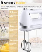 Electric Hand Mixer, Powerful 300W Hand Mixer Electric Handheld with 304 Beaters, Dough Hook,Hand Held Mixer with Turbo for Baking Cakes, Eggs, Cream Food(White)