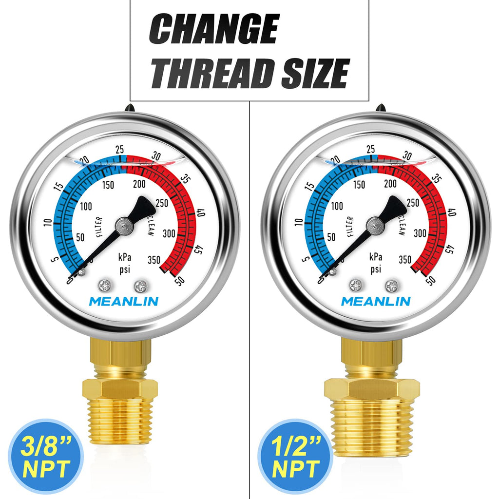 MEANLIN MEASURE 1/4" NPT 0-50psi Pressure Gauge, 2" Dial Glycerine Filled Pool Filter, 304 Stainless Steel Housing, Lower Mount, with 1/2" NPT and 3/8" NPT Hex Bushing