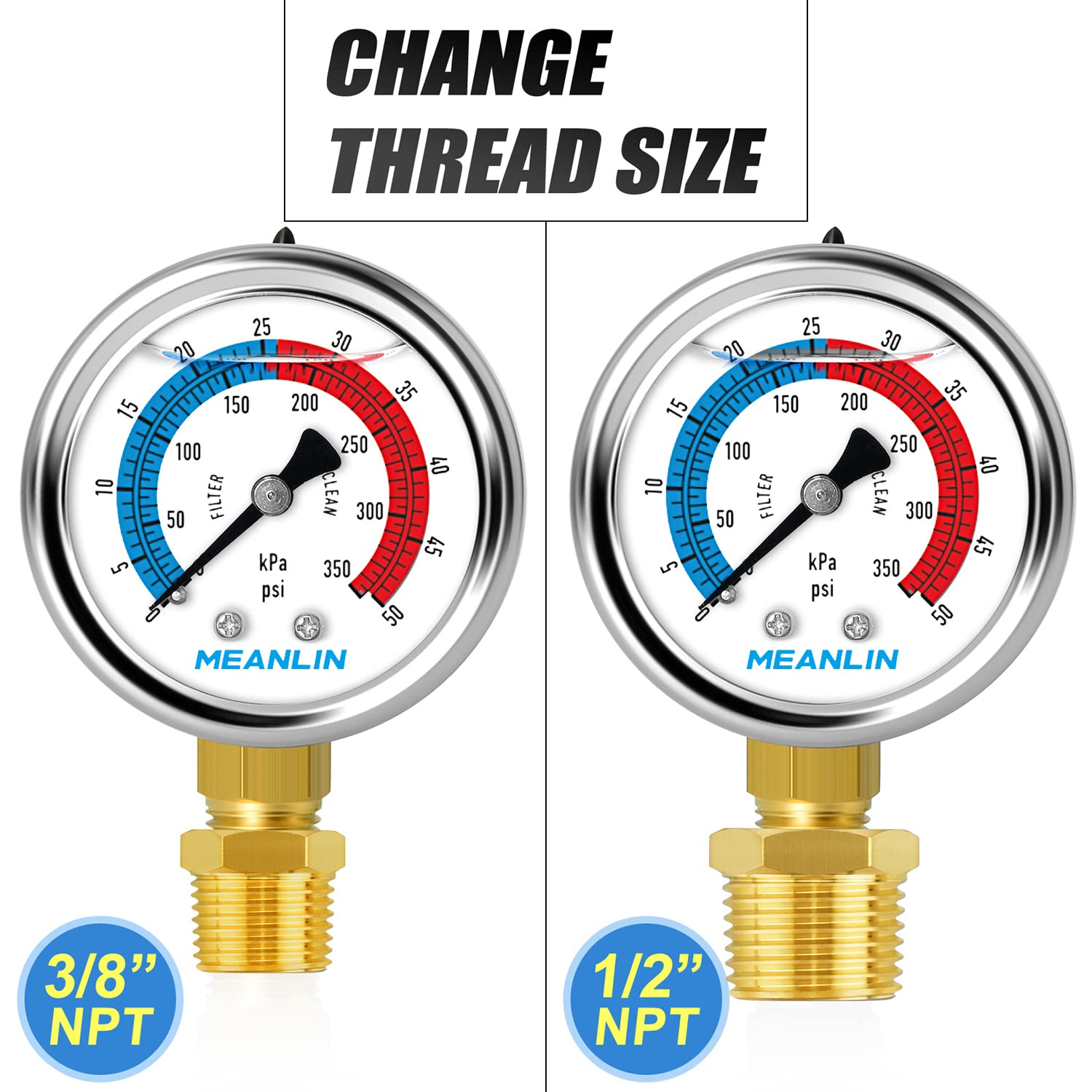MEANLIN MEASURE 1/4" NPT 0-50psi Pressure Gauge, 2" Dial Glycerine Filled Pool Filter, 304 Stainless Steel Housing, Lower Mount, with 1/2" NPT and 3/8" NPT Hex Bushing