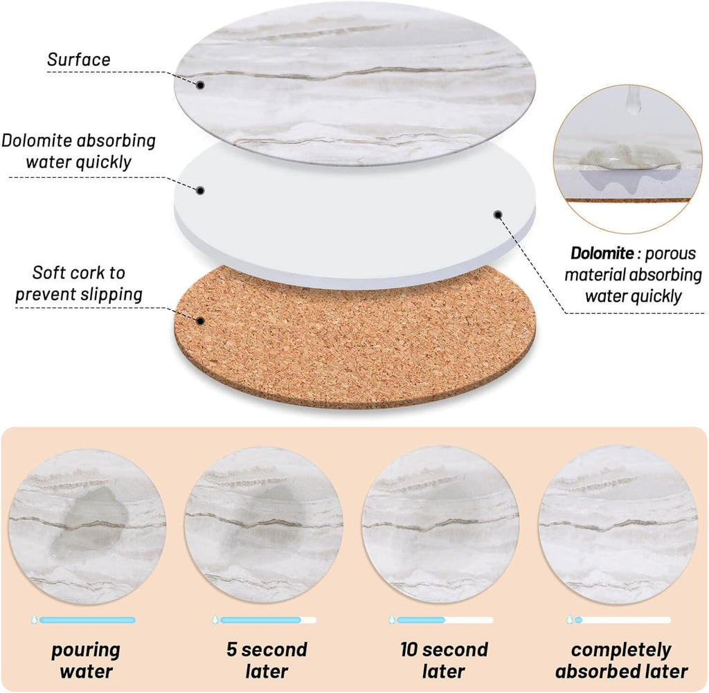 Caffox Coasters Set of 10, Absorbent Drink Coasters with Holder, Marble Style Ceramic Coaster for Wooden Table, Home Decor, 4 Inches(Griege)