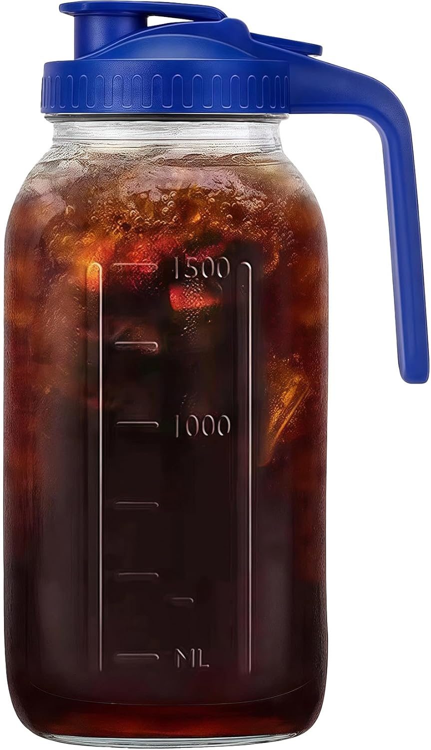 64oz Glass Pitcher with Handle and Lid, 2 Quart Mason Jar Pitcher - Airtight & Leakproof Water Jug with Pour Spout Lid, Glass Containers for Fridge, Perfect for Juice, Cold Brew, Iced & Sun Tea