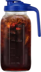 64oz Glass Pitcher with Handle and Lid, 2 Quart Mason Jar Pitcher - Airtight & Leakproof Water Jug with Pour Spout Lid, Glass Containers for Fridge, Perfect for Juice, Cold Brew, Iced & Sun Tea