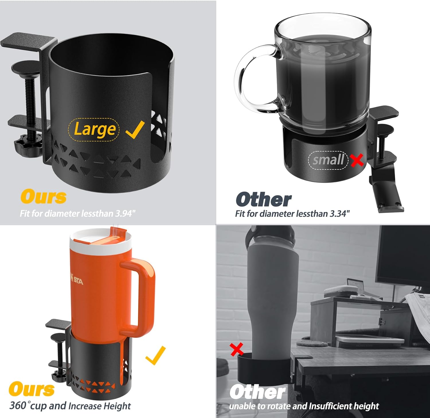 Desk Cup Holder Metal Under Desk 360° Rotating PC Gaming Accessories Anti-Spill Table Cup Holder Clamp on Chair for Coffee Mugs Stanley YETI Bottles, Pencil Holder