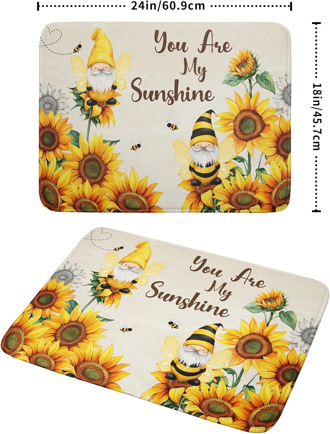 Giwawa Bee Gnomes Dish Drying Mat, Summer Sunflowers Elf Dish Drainer Mats for Kitchen Countertop, Vintage Sunshine Floral Absorbent Reversible Dish Drying Pad Decor, 18x24inches, Large
