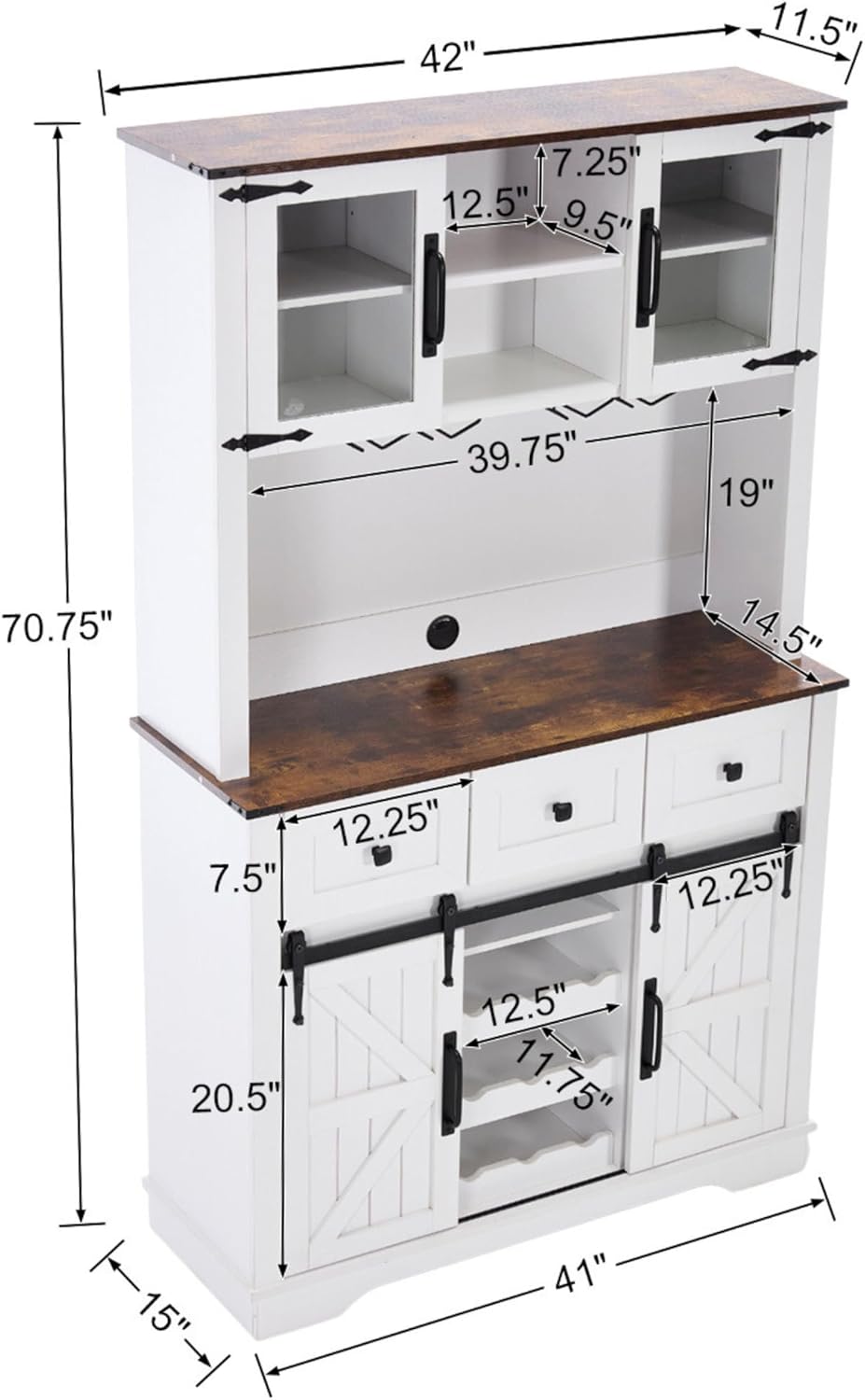 Coffee Bar Cabinet with Sliding Barn Doors 71'' Farmhouse White Pantry Cabinet with Drawers & Wine Glass Rack Rustic Buffet Cabinet for Kitchen, Brown