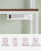 VASAGLE Hutch Bakers Rack with Power Outlet, 14 Hooks Microwave Stand, Adjustable Coffee Bar with Metal Wire Panel, Kitchen Storage Shelf, 15.7 x 39.4 x 66.9 Inches, Rustic Walnut and White UKKS038W41