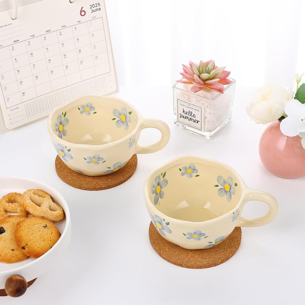 Ceramic Coffee Mug Set of 2 Vintage Flower Mugs 8 oz Cute Floral Coffee Mugs Irregular Latte Art Cup Lead-free Porcelain Cups for Cappuccino, Cocoa (2 Blue Flower)