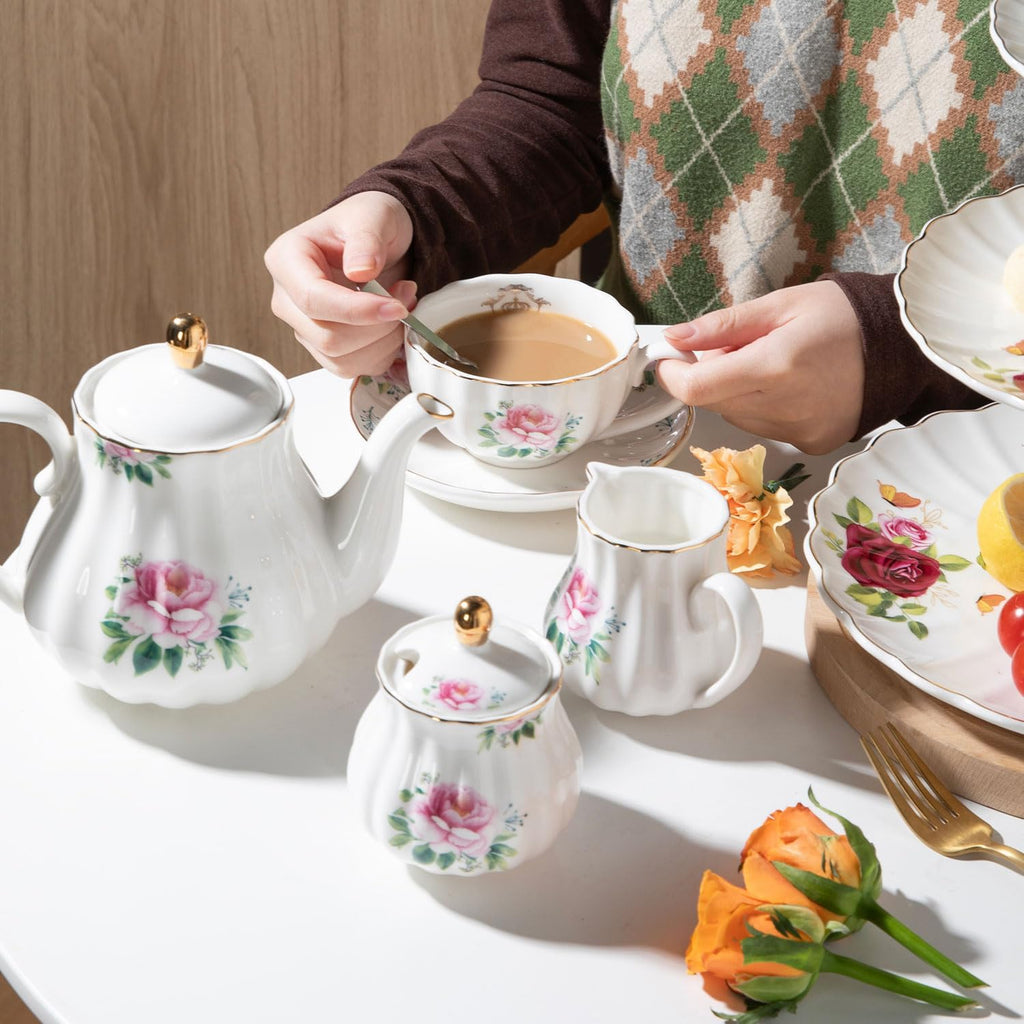 Porcelain Tea Sets British Royal Series, 8 OZ Cups & Saucer Service for 6, with Teapot Sugar Bowl Cream Pitcher Teaspoons and Tea Strainer, Suitable for High Tea, Wedding, Party(Blush Pink)