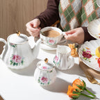 Porcelain Tea Sets British Royal Series, 8 OZ Cups & Saucer Service for 6, with Teapot Sugar Bowl Cream Pitcher Teaspoons and Tea Strainer, Suitable for High Tea, Wedding, Party(Blush Pink)