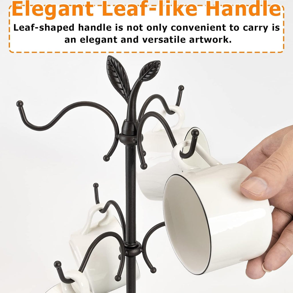 Coffee Mug Holder for Large Mugs, Mug Tree for Counter, Cup Holder for Countertop, Mug Rack with Tray, Metal Mug Tree with 6 Hooks, Coffee Counter Bar Accessory & Kitchen Home Organizer