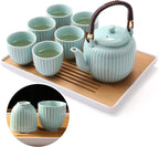 Dujust Japanese Tea Set, Cyan-blue Porcelain Tea Set with 1 Teapot Set, 6 Tea Cups, 1 Tea Tray, 1 Stainless Infuser, Asian Tea Sets for Adults/Tea Lover/Women/Men (Bamboo - Straight Grain Design)