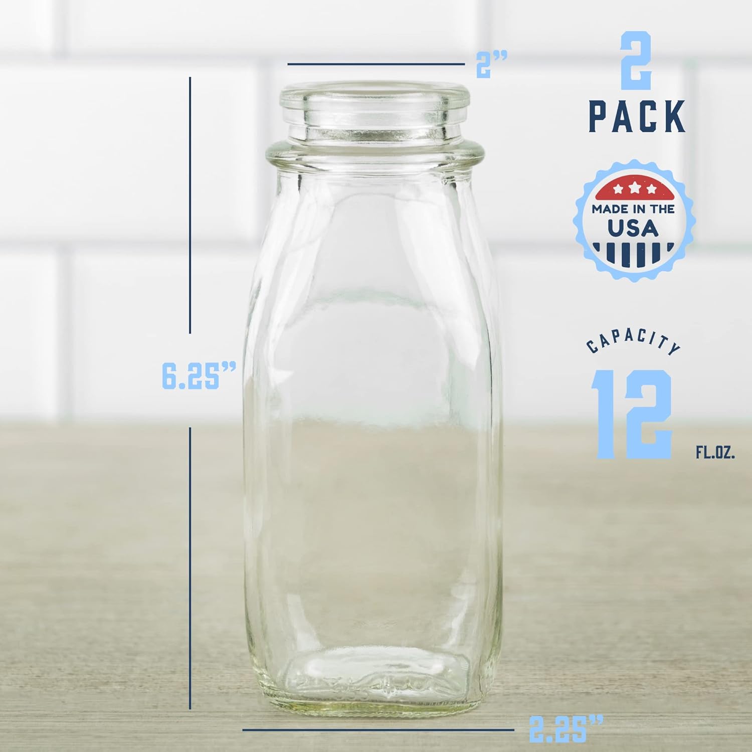 kitchentoolz 12 Oz Square Glass Milk Jugs with Caps - Perfect Milk Container for Refrigerator - 12 Ounce Glass Milk Bottle with Tamper Proof Lid and Pour Spout - Pack of 2