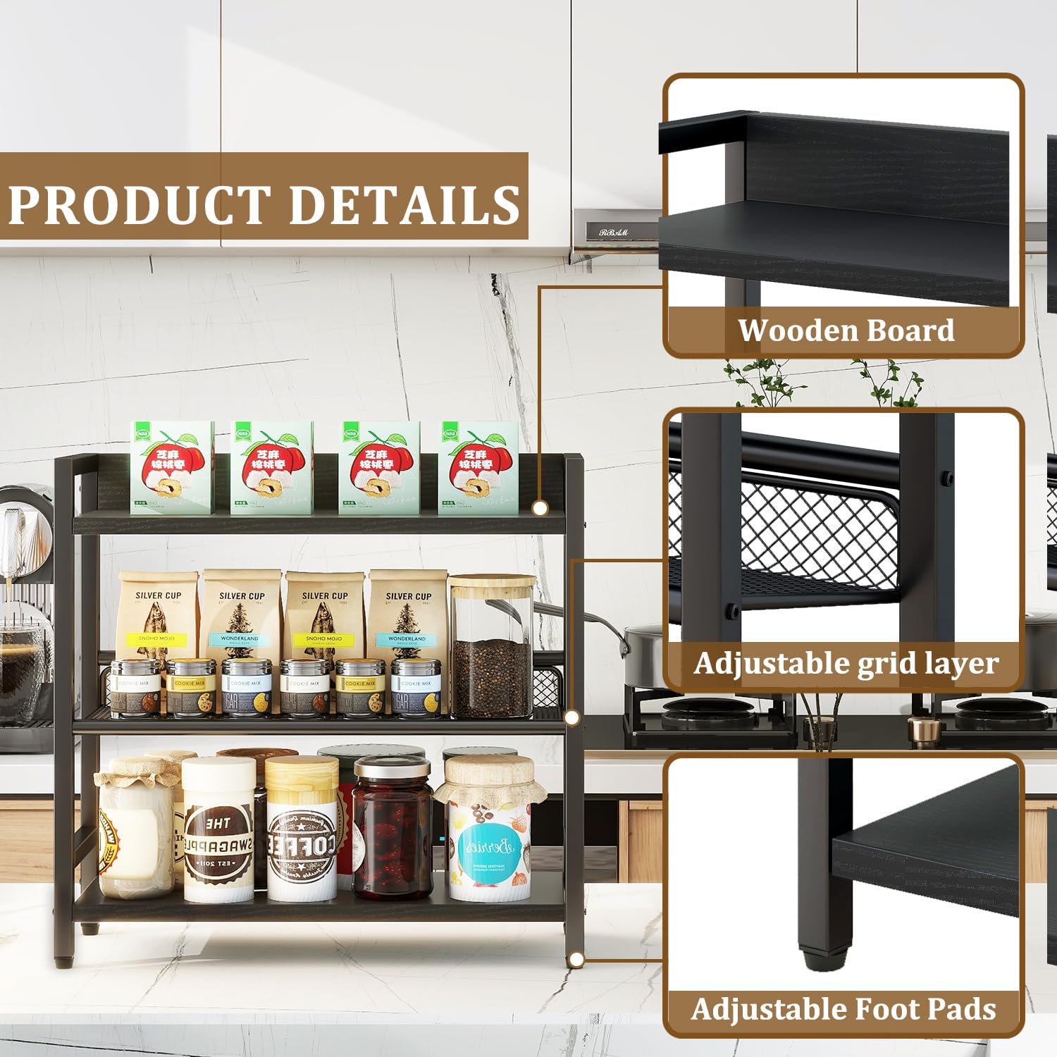 IBUYKE 3-Tier Spice Rack Industrial Counter Shelf Desktop Storage Organizer Standing Seasoning Rack for Countertop Kitchen Office Living Room Desktop Black UTLJ021B