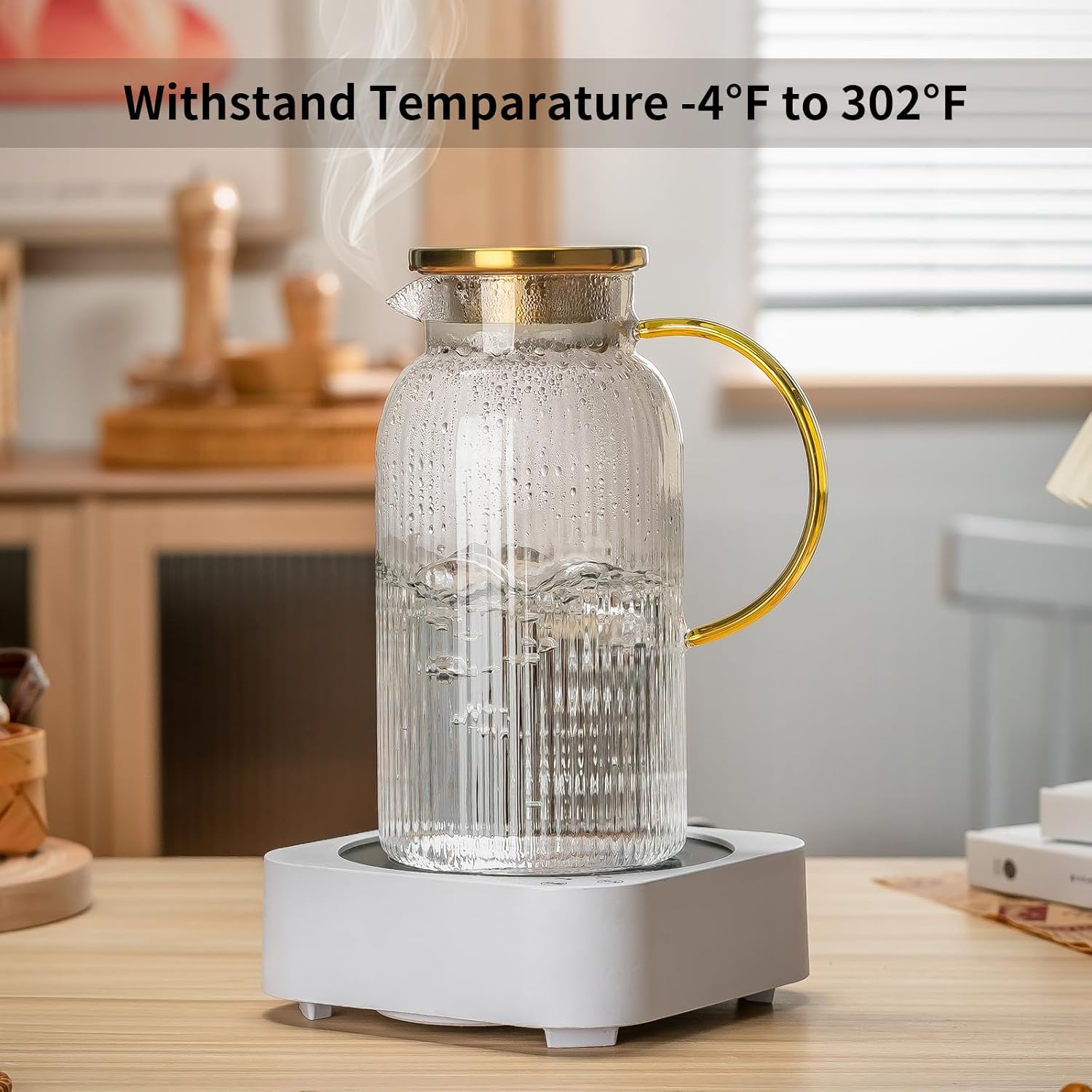 2 PACK Glass Pitcher with Lid, 84oz/2.5L Liter Classic Vertical Stripes Water Pitcher,Glass Water Carafe for Cold Brew, Coffee, Lemonade, Iced Tea,Sun Tea, Beverage, Heat Resistant