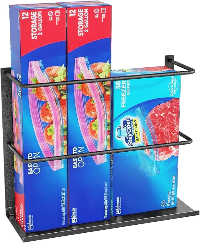 Kitchen Wrap Organizer Door Mount, Aluminum Foil Holder Cabinet Door Organizer Cabinet Storage Basket for Kitchen Wrap/Food Bag Storage, Black