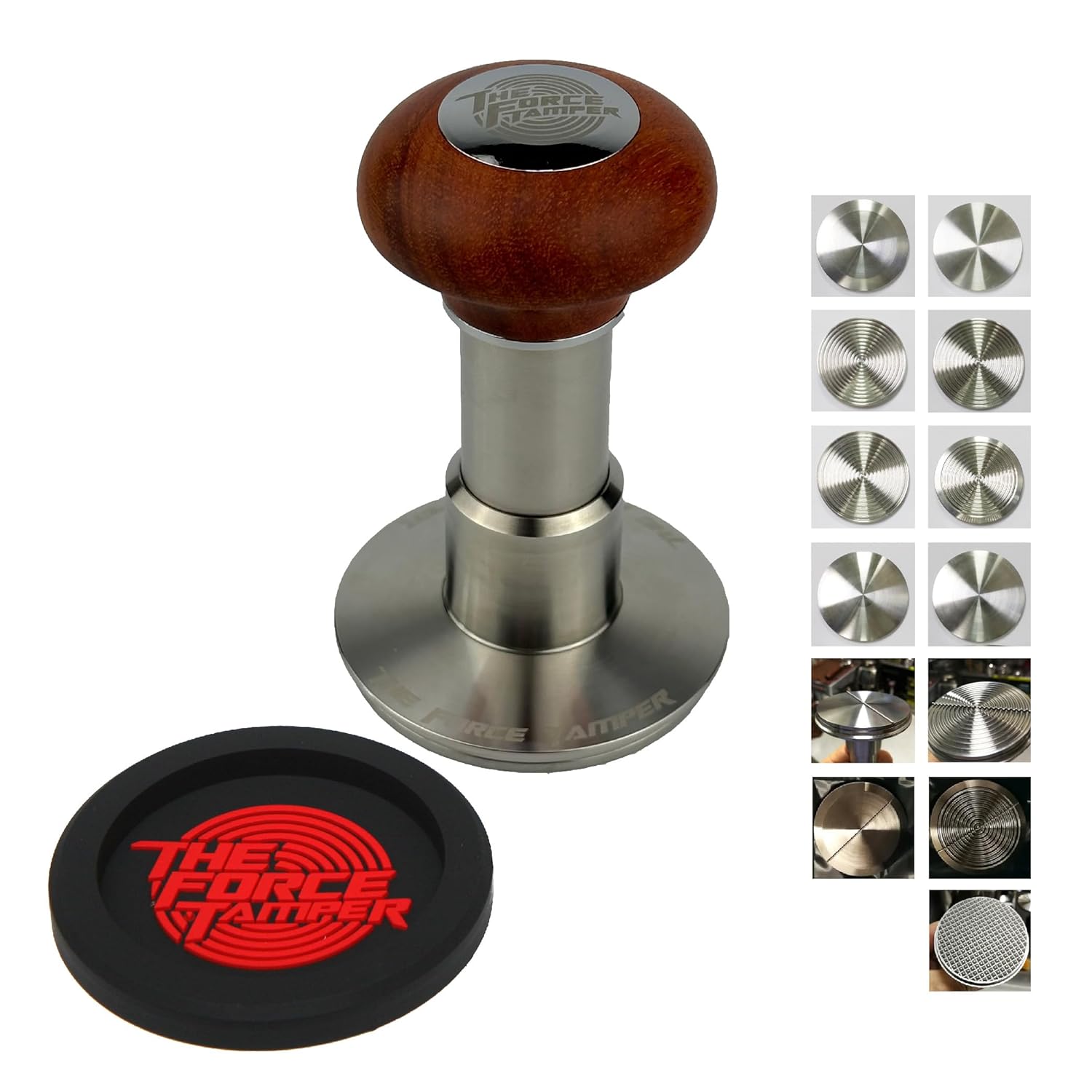 The Force Tamper Automatic Impact Adjustable Constant Pressure and Autoleveling Coffee Tamper Reddish Brown Jellyfish Wooden Handle Set Pro (Full-Set, 58.50mm)