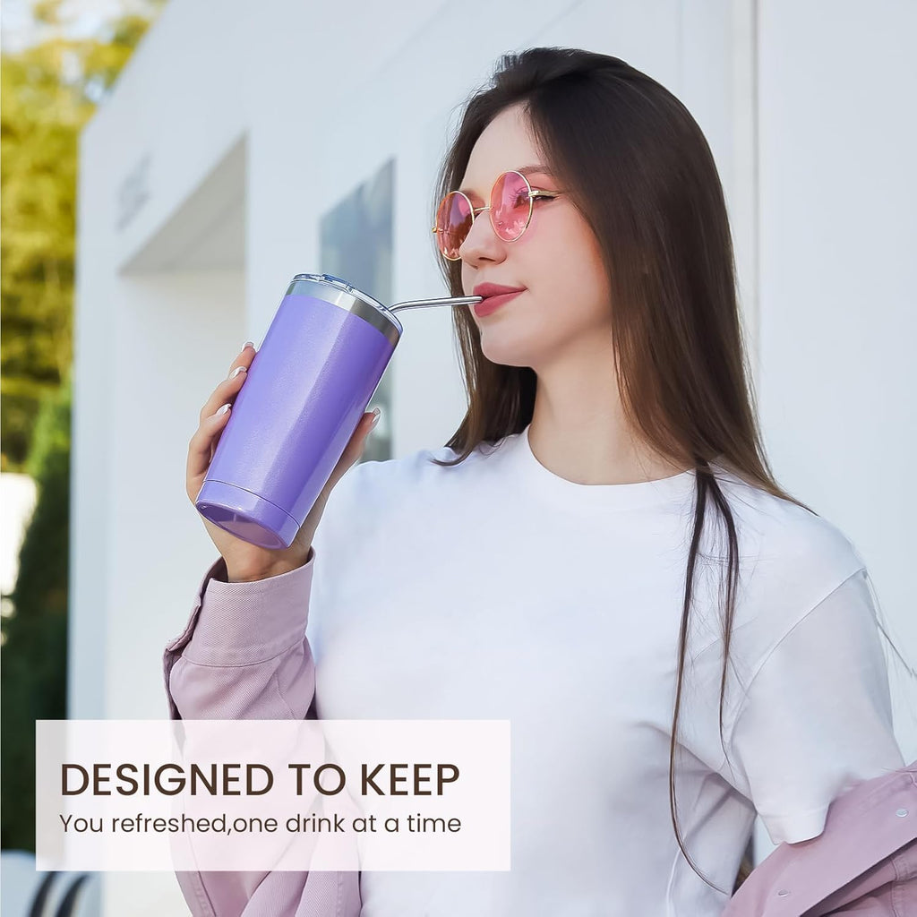 MEWAY 20oz Tumbler 2 Pack Double Wall Vacuum Insulated Travel Glitter Mug Bulk, Stainless Steel Tumblers with Lid and Straw, Powder Coated Coffee Cups for Woman(Rainbow Purple,Set of 2)