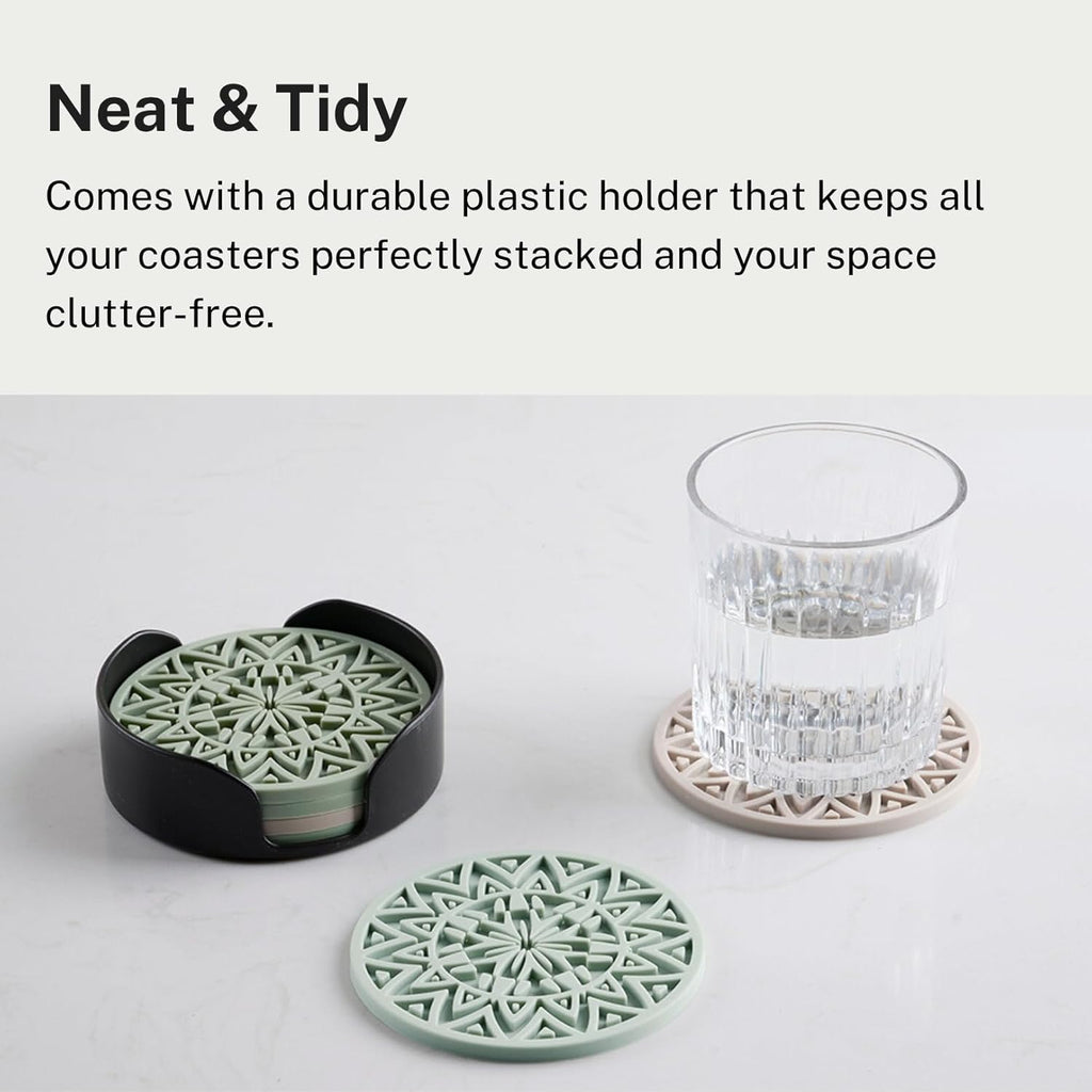 Set of 6 Black Silicone Coasters with Holder, Drink Coasters with Tribal Pattern Shape- for Table Protection, Anti Slip, Nonstick, Heat Resistant, Deep Tray