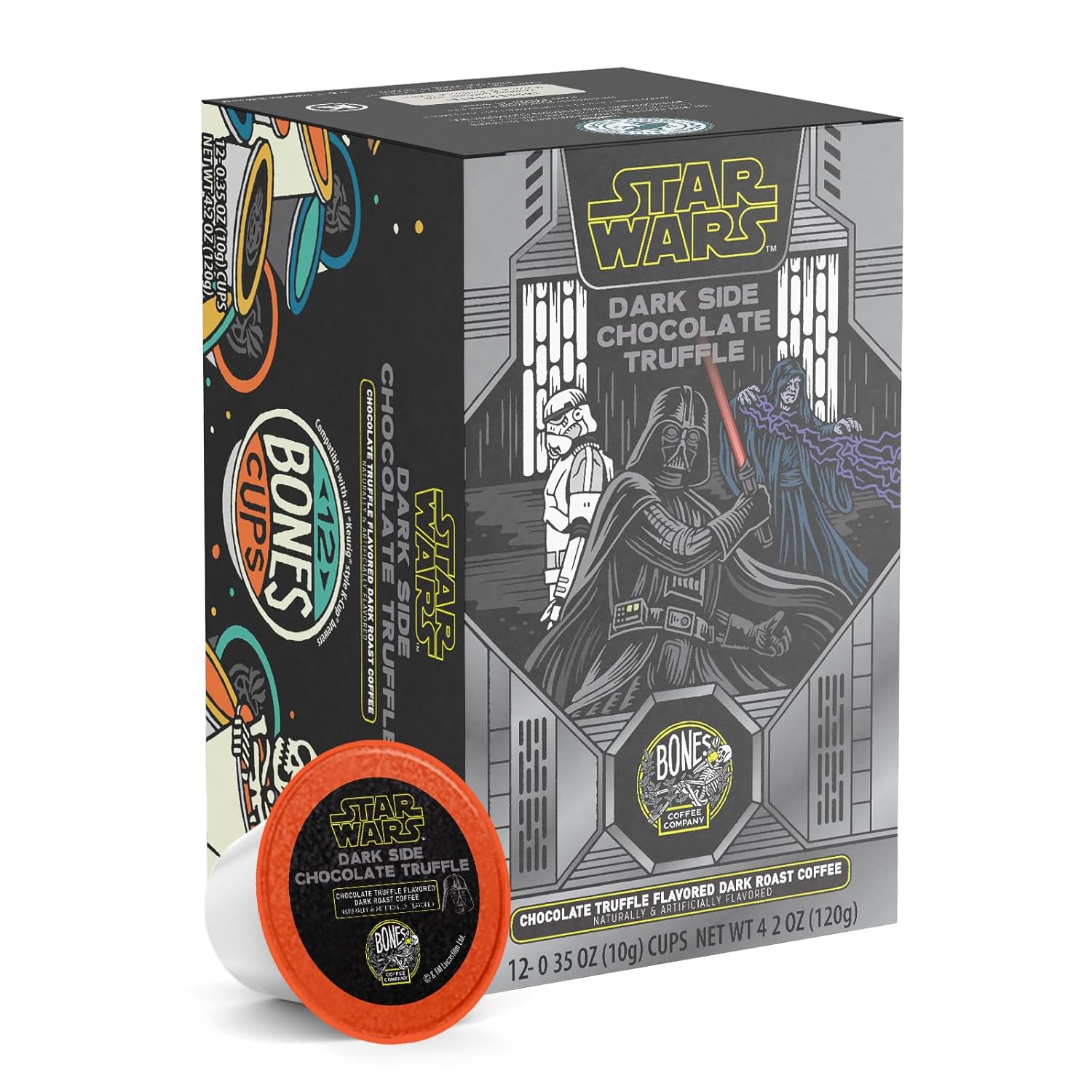 Bones Coffee Company Star Wars Dark Side, Chocolate Truffle Flavored Coffee Pods, Low Acid Medium Roast Single-Serve Bones Cups, Compatible with 1.0 & 2.0 Capsule Brewers Coffee Maker, 12 Count