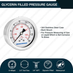 MEASUREMAN 2-1/2" Dial Size, Glycerin Filled Pressure Gauge, 0-160psi/kpa, 304 Stainless Steel Case, 1/4" NPT Center Back Mount