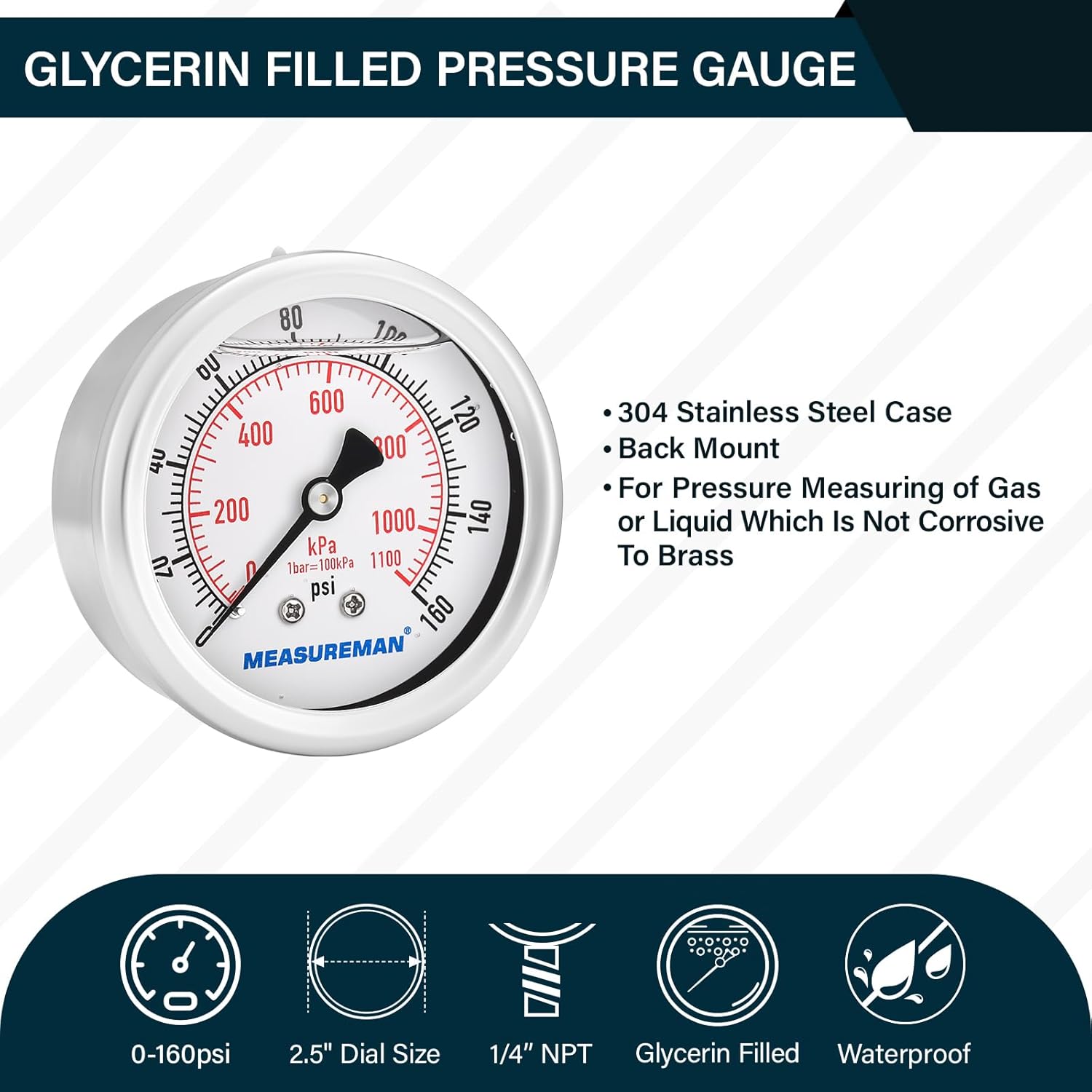 MEASUREMAN 2-1/2" Dial Size, Glycerin Filled Pressure Gauge, 0-160psi/kpa, 304 Stainless Steel Case, 1/4" NPT Center Back Mount