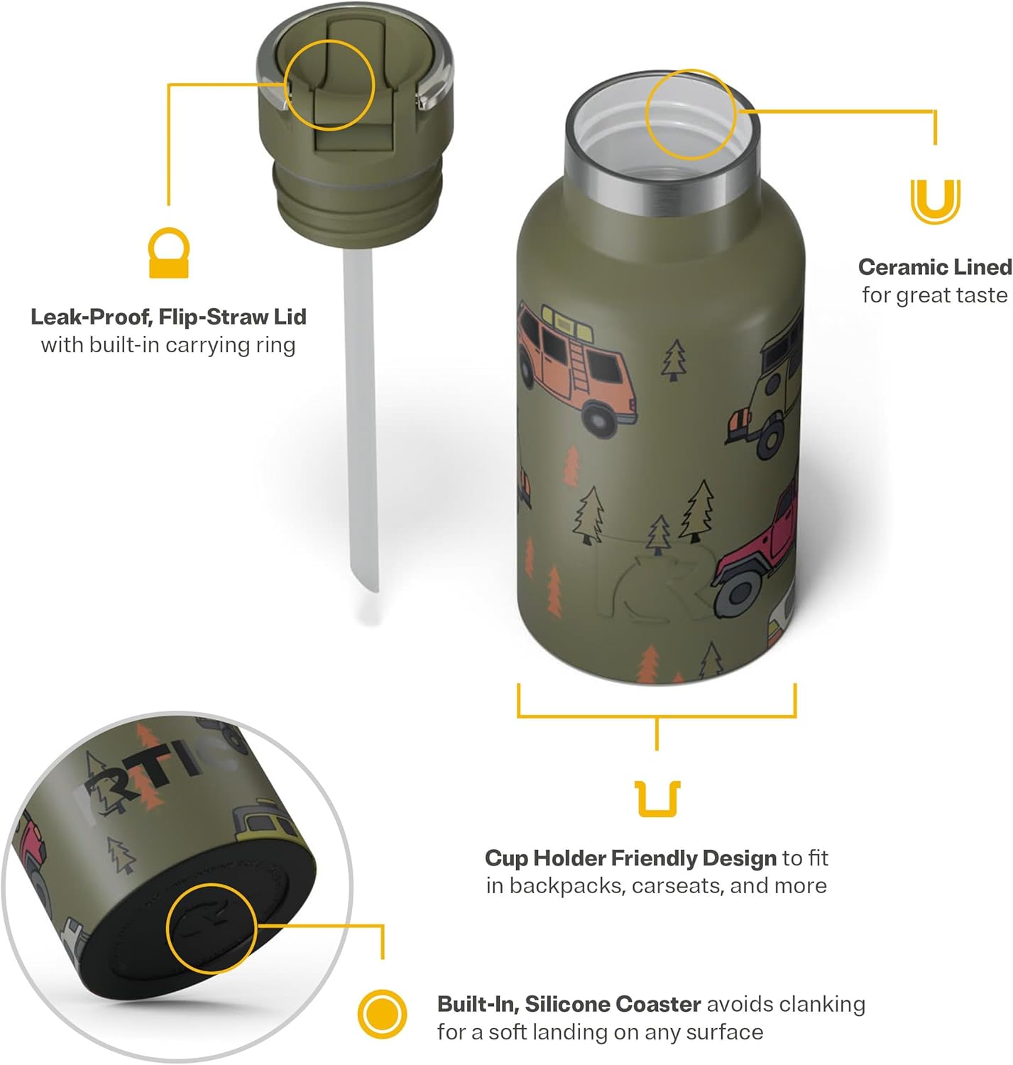 RTIC Little Journey Bottle with Straw, Insulated, Stainless Steel, Metal, Double Wall Vacuum-Insulation, Ceramic-Lined, Leak-Proof Lid, BPA-Free Water Flask for Sports, Travel, Happy Camper