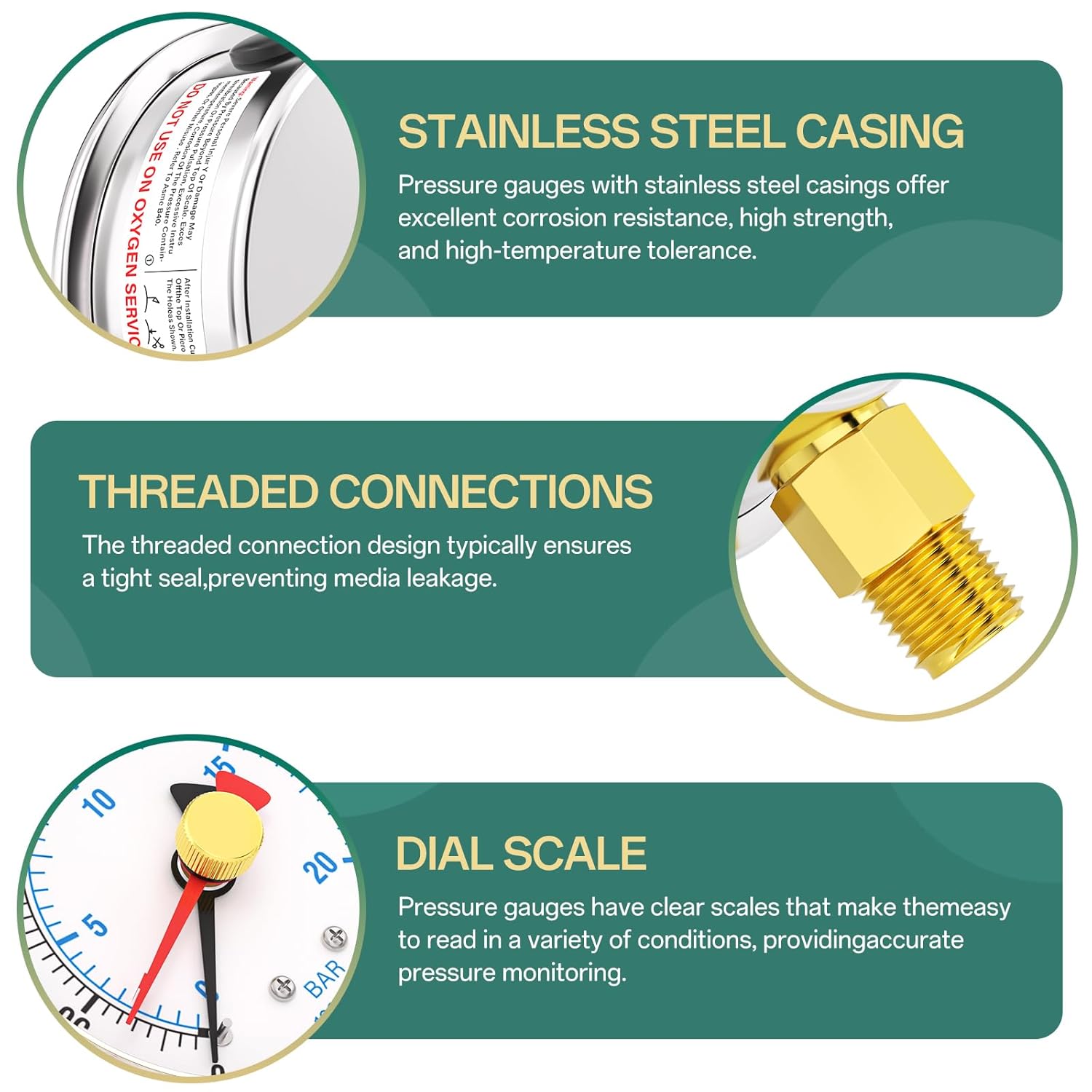 0-300PSI Stainless Steel with Reset Pointer Liquid Filled Pressure Gauge, 2.5" Dial Size, 1/4" NPT Lower Mount, for Tube, Water Pump, Gas, Liquid, Pressure Test