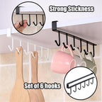 6PCS Mug Hooks Under Cabinet,Mug Holder Under Shelf,Coffee Cups Holder Hanger with 6 Hooks for Kitchen Utensils,Fit for 0.95 inch Thickness or Less,Drilling Free (White)
